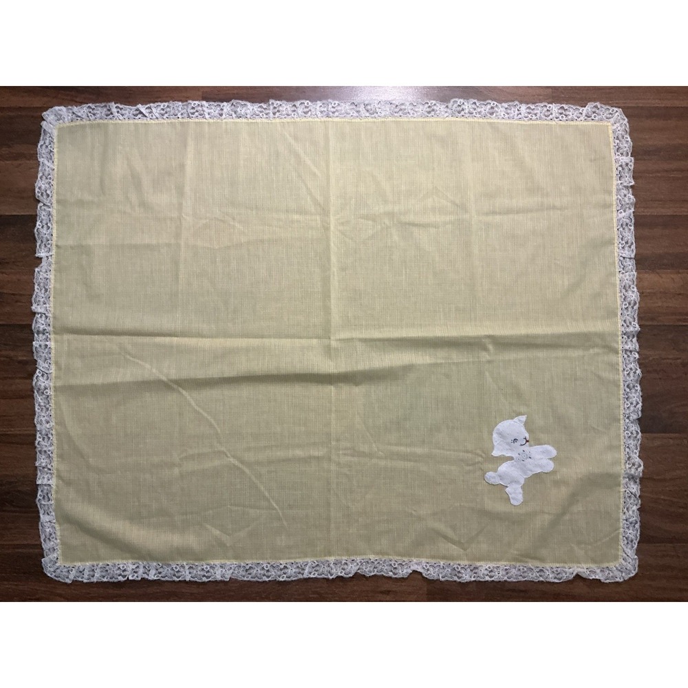 Vintage Delicate Handmade Yellow Appliquéd Lamb W/Lace Crib Sheet 42in X 33in